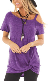 Women Cold Shoulder Tops: Summer Short Sleeve Shirts Casual Twist Knot Blouse T-Shirt S-2XL
